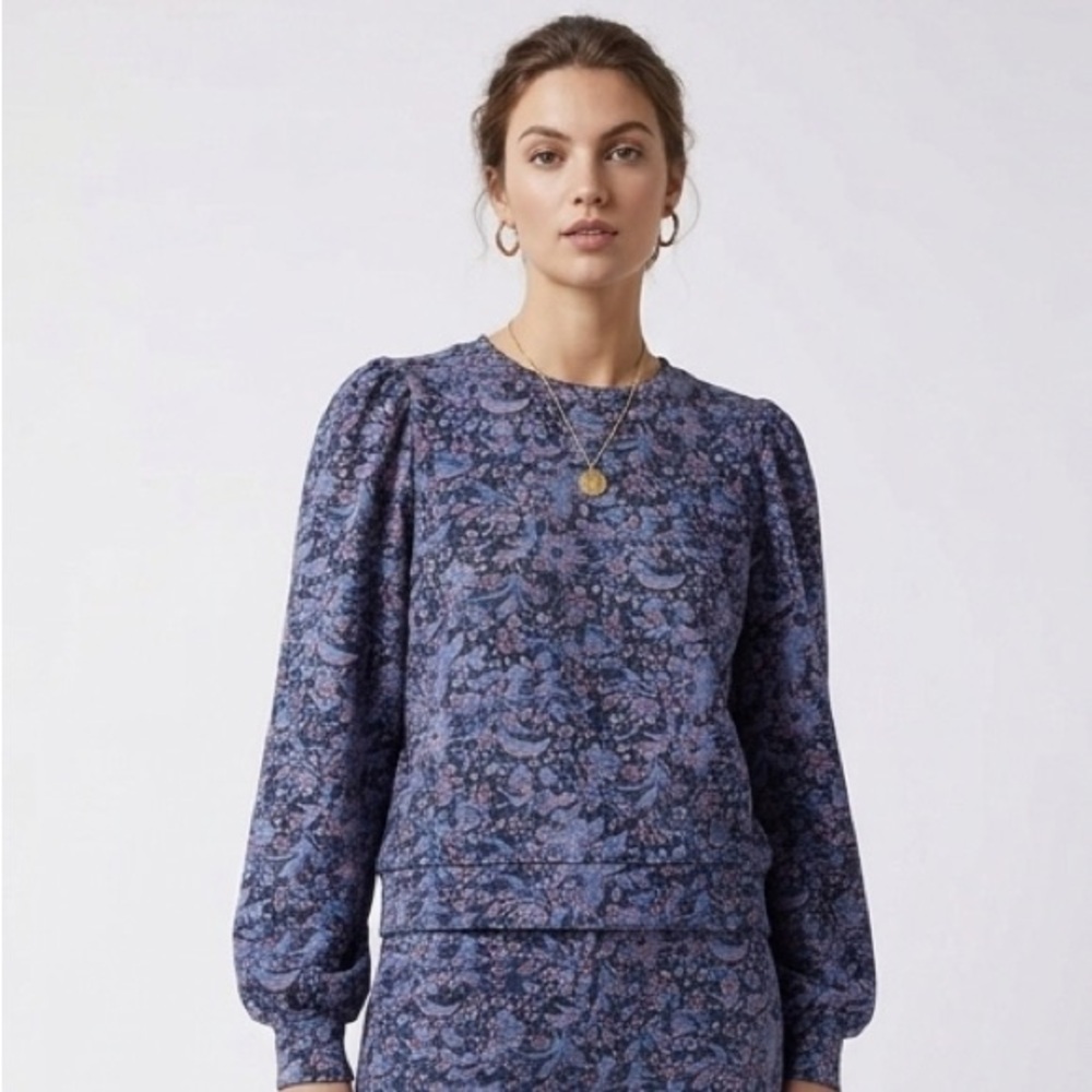Masion D’Amelie Floral Print Blue Crewneck Puff Sleeves Sweatshirt Medium - Picture 4 of 12